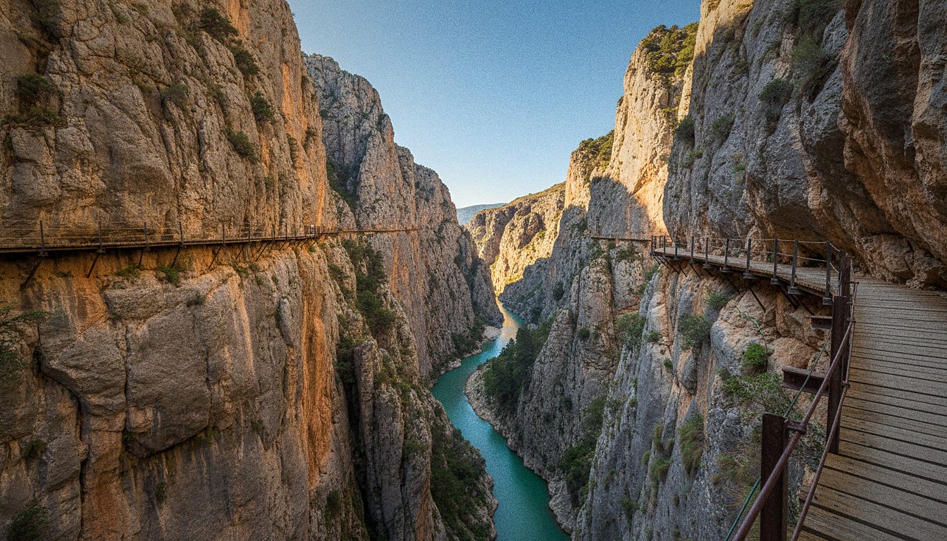 Passerelle en bois du Caminito del Rey suspendue à la paroi verticale de la gorge des Gaitanes, près de Málaga