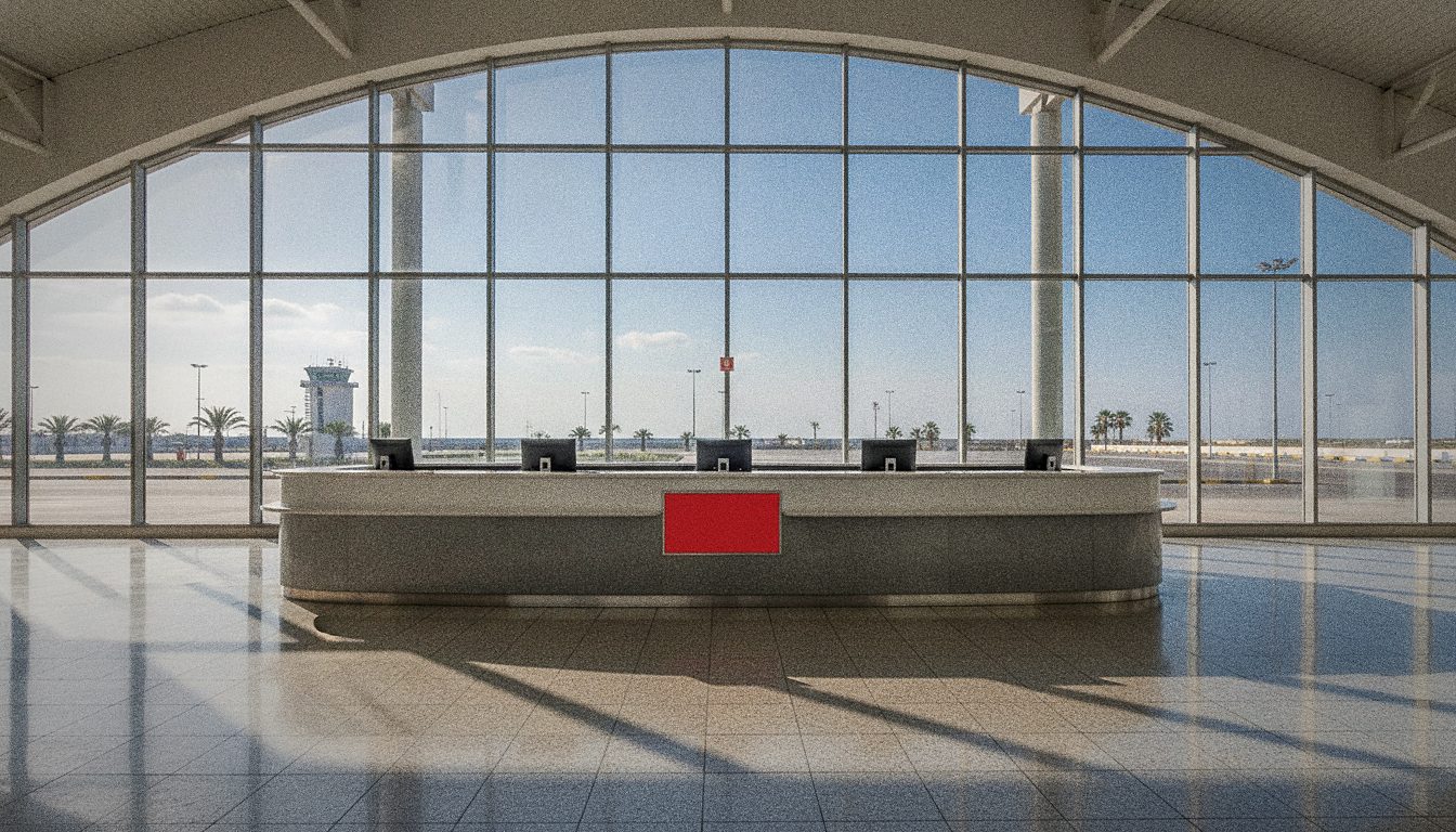 Comptoir de location de voiture Avis dans un aéroport, logo rouge, hall des arrivées