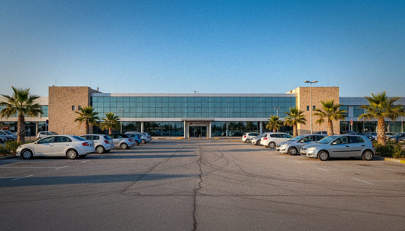 Parking de location de voiture en face du hall des arrivées d'un aéroport crétois, quelques véhicules garés, journée ensoleillée