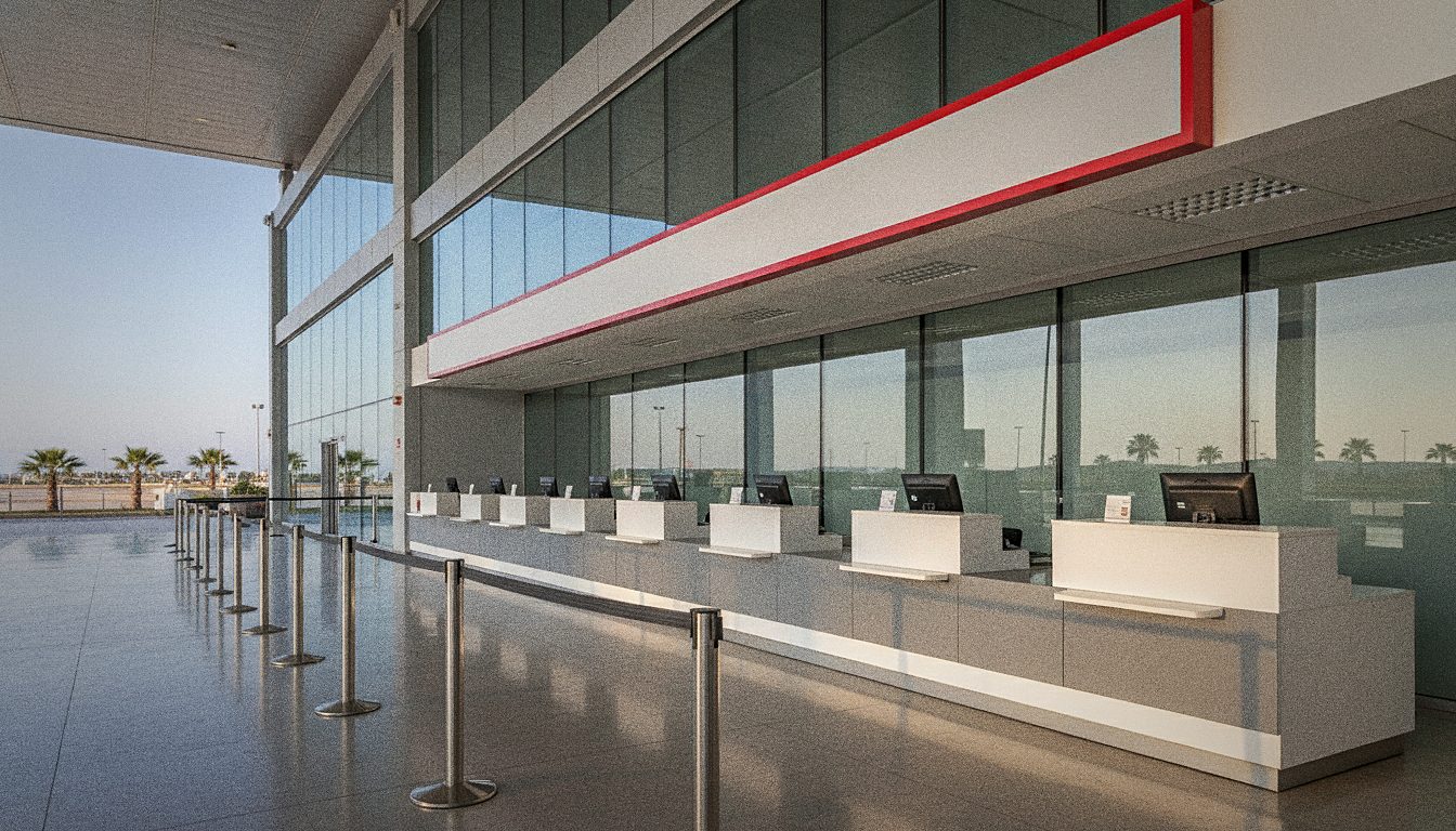 Comptoir de location de voiture à côté du terminal d'un aéroport, longue file de clients, enseigne rouge et blanche