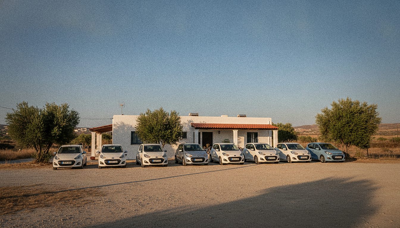 Agence de location de voiture crétoise en bord de route près d'un aéroport, petits véhicules citadins alignés, ciel bleu