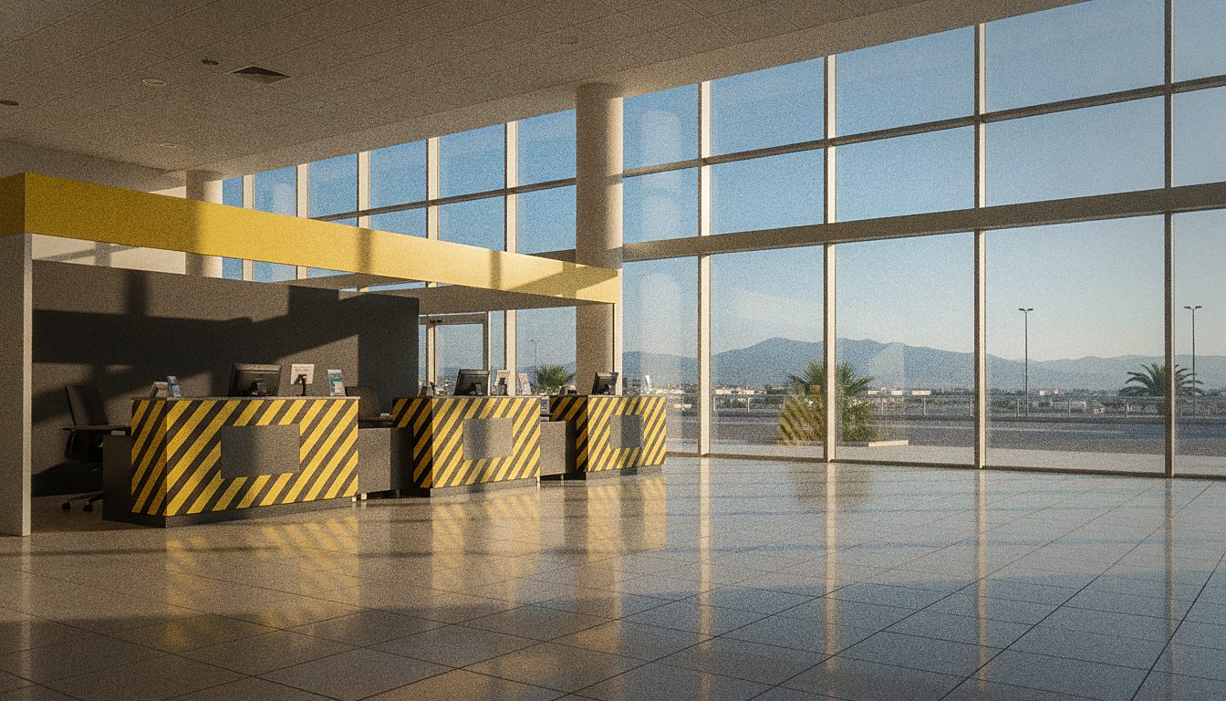 Comptoir Hertz au hall des arrivées d'un aéroport, panneau jaune et noir, voyageurs avec bagages