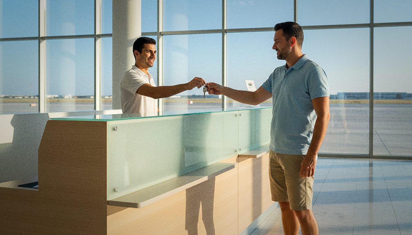Comptoir Sixt Rent a Car dans le hall des arrivées d'un aéroport, employé remettant les clés d'une voiture à un client