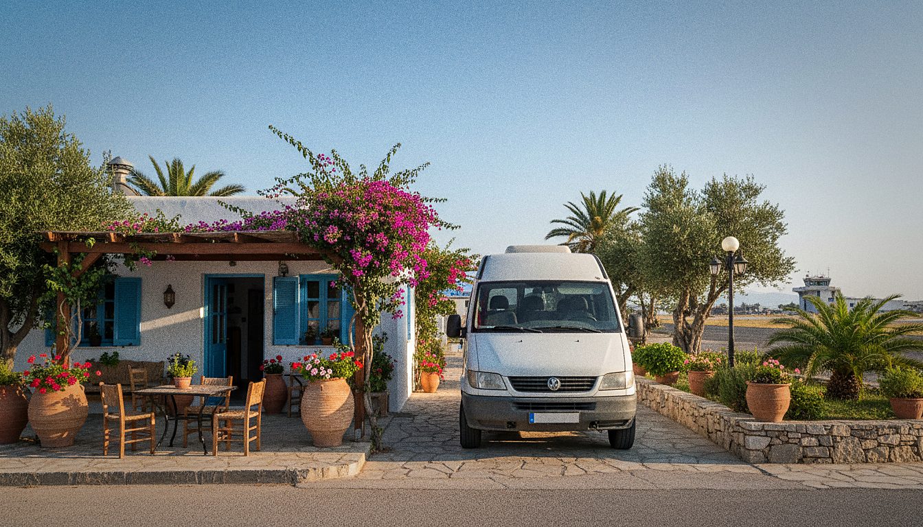 Petite agence locale de location de voiture près d'un aéroport crétois, navette garée devant, décor méditerranéen
